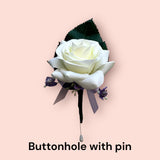 Corsage - White Rose with Lilac Ribbon & Gypso - COR002