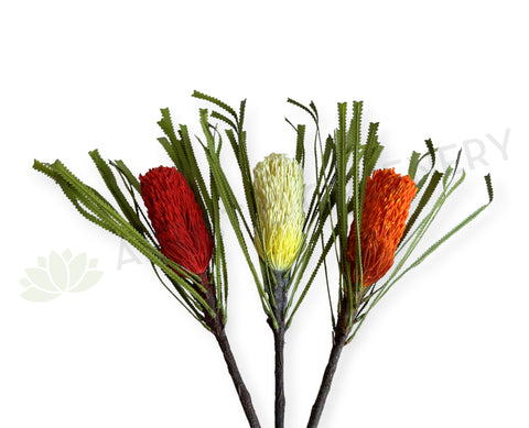 F0449 Artificial Australiana Native Flowers Banksia Ashbyi Stem 65cm Red / White / Orange | ARTISTIC GREENERY