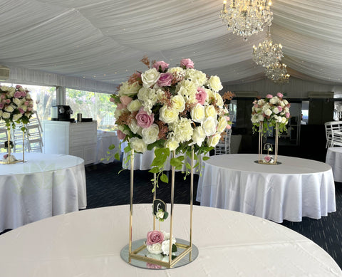 For Hire - Grand Floral Centrepiece on Gold Stand 60cm Pink & White (Code: HI0056) Gloria | ARTISTIC GREENERY