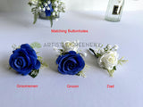 Matching buttonholes - Artificial Cascade Teardrop Wedding Bouquet - White & Blue - Alisha G - custom made wedding bouquet Australia | ARTISTIC GREENERY