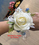 Mother of Groom corsage - Artificial Cascade Teardrop Wedding Bouquet - White & Blue - Alisha G - custom made wedding bouquet Australia | ARTISTIC GREENERY