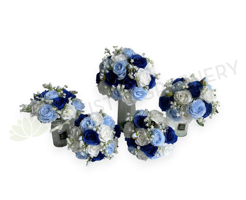 Silk Blue & White Round Rose Bouquet - Blue & White - Lynda B | ARTISTIC GREENERY