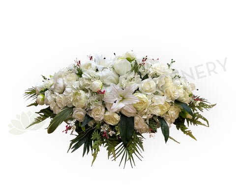 SYM0023 Elegant White Casket Spray Centerpiece Memorial Flower Seasons Funeral Homes Malaga Perth WA Australia | ARTISTIC GREENERY