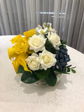 FA1080-2 - Yellow, White & Blue Round Arrangement 25cm Tall