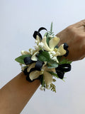 CB0030 - Corsage & Buttonhole - White Orchid with Black Ribbons - $56/set | Perth Australia Custom-made Cheap buttonholes ARTISTIC GREENERY