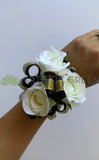 Corsage & Buttonhole - White Roses with Black & Gold Ribbons - CB0032 - $53/set