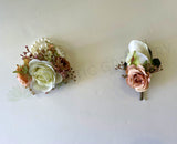 CB0043 Corsage & Buttonhole (Artificial Flowers) - Rose Gold Colour with White Rose - $53/set | ARTISTIC GREENERY