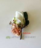 CB0043 Corsage & Buttonhole (Artificial Flowers) - Rose Gold Colour with White Rose - $53/set | ARTISTIC GREENERY