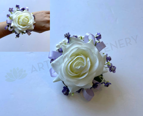 Corsage - Latex White Rose with Liliac Ribbon & Gypso - COR002 | ARTISTIC GREENERY