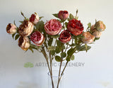 F0377 Artificial Rustic Style David Austin Rose Spray (Burnt Edges) 62cm 4 Colours | ARTISTIC GREENERY