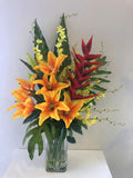 FA1002 - Orange Lilies Floral Arrangement Artistic Greenery