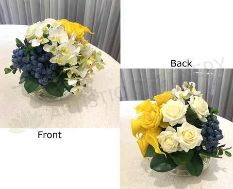 FA1080-2 - Yellow, White & Blue Round Arrangement 25cm Tall