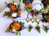 Teardrop Bouquet - Orange / Blue / Brown / Cream - Carmen H (incl Flower Girl Ring / Hoop, Floral Cake Topper etc.) | ARTISTIC GREENERY - Perth's leading silk flowers for weddings WA