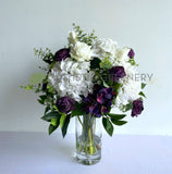 FA11127 - White & Purple Hydrangea & Roses Floral Arrangement (60cm Height) REF: Paula | ARTISTIC GREENERY- high quality faux floral arrangement with water gel