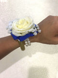 Corsage - Real Touch White Rose with Blue Organza Ribbons - Juanita