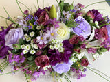 SYM0031 Purple & White Silk Flower Casket Spray Centerpiece Memorial Flower Casket Spray Malaga Perth WA Australia | ARTISTIC GREENERY