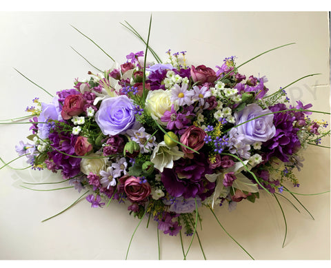 SYM0031 Purple & White Silk Flower Casket Spray Centerpiece Memorial Flower Casket Spray Malaga Perth WA Australia | ARTISTIC GREENERY