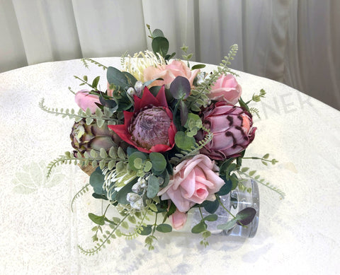 Round Bouquet - Native Flowers & Pink Real Touch Roses - Sarah P