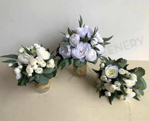 Round Wedding Posy Bouquet - White Peony and Ranunculus Flowers - Tess W | ARTISTIC GREENERY