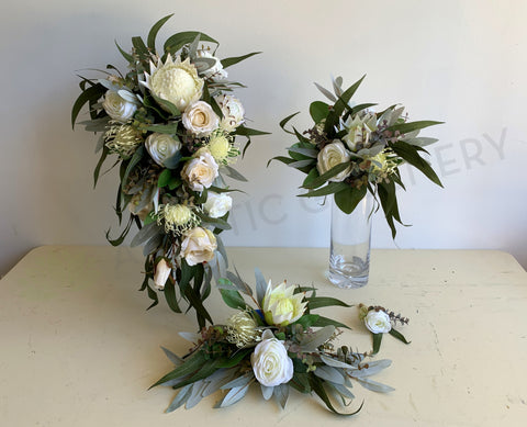 Silk Teardrop Cascase Wedding Bouquet - White Native Flowers  - Thea L | ARTISTIC GREENERY