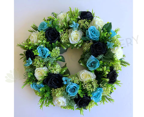 Port Adelaide Football Club Themed Silk Floral Wreath 30cm / 40cm / 50cm (WRE003) | ARTISTIC GREENERY Perth Australia / Sympathy Gravestone flowers