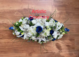 Blue & White Casket Spray / Memorial Flowers 70cm & 100cm Long - SYM0031